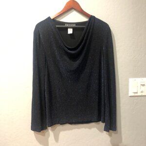 Metallic black blue cowl neck blouse